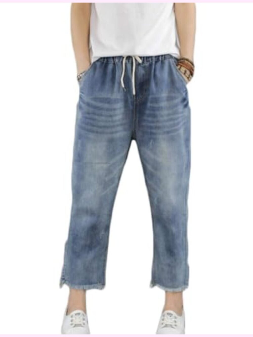 Baggy Cropped Jeans Elastic Waist Drawstring Denim Pants with Pockets Floral
